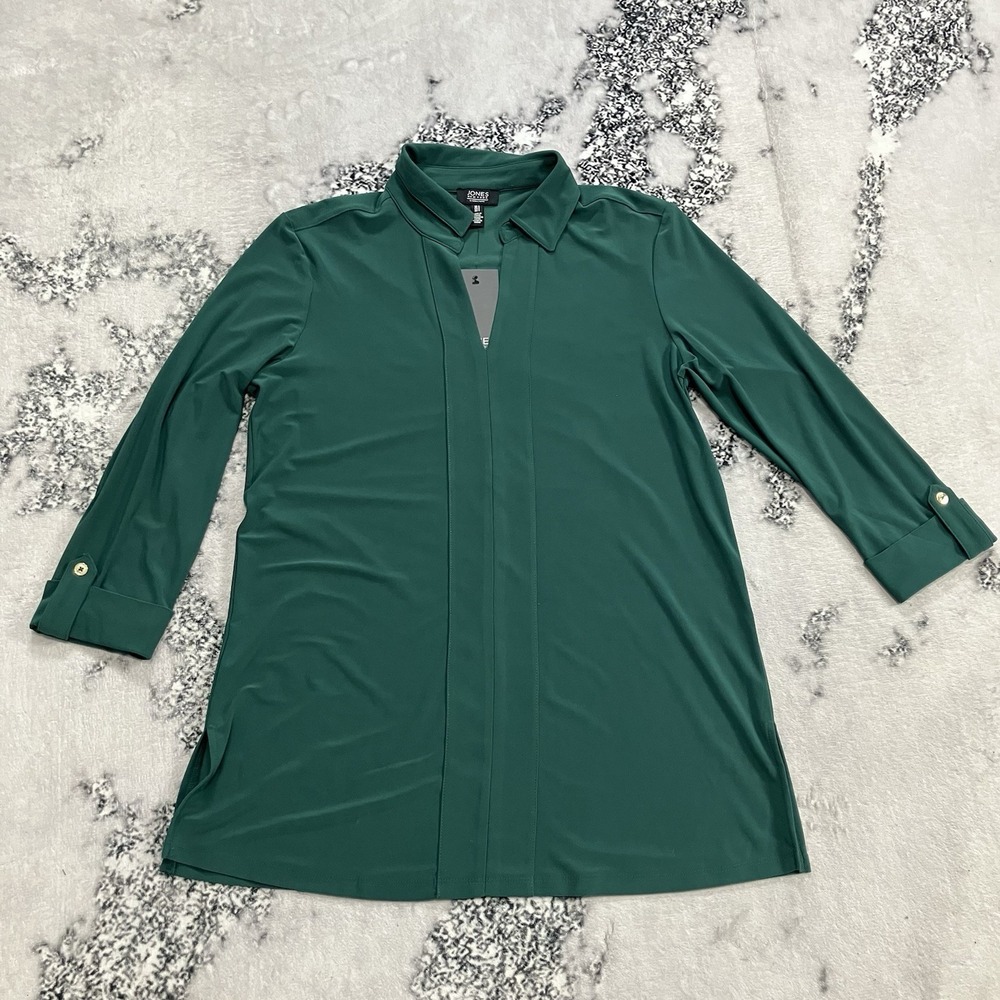 Jones New York Signature Blouse Size‎ S Green Button Front 3/4 Sleeve NWT